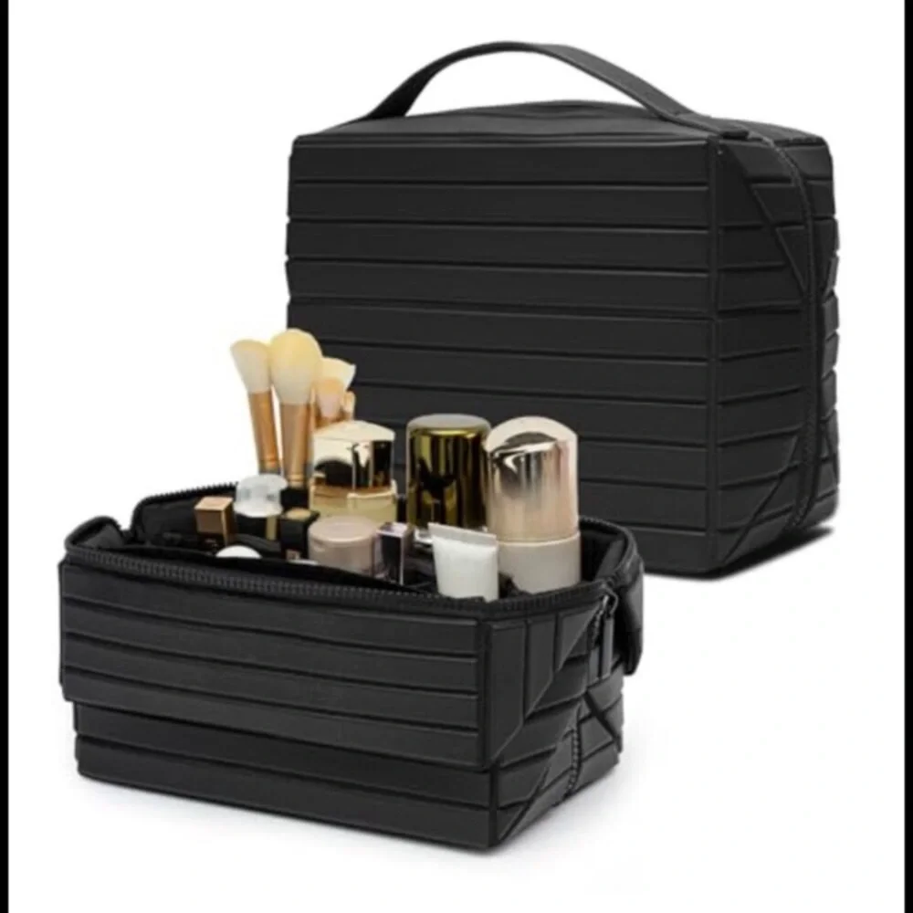 PU Leather Large Capacity Cosmetic Bag with Fold-Down Design and Adjustable